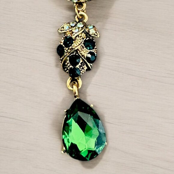 Large Statement Brooch Green Blue Peacock Dangling Glass Stones Gold Tone 3 in - Picture 3 of 4